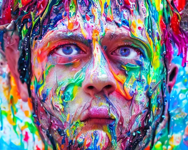 Image similar to still shot close up footage of the portrait of a human head made of acrylic pour and splashing paint and paint explosion and dripping paint and flying paint chunk, motion blur, hyperrealistic, medical, intricate art photography, anatomically correct, realistic crisp textures, 1 6 k