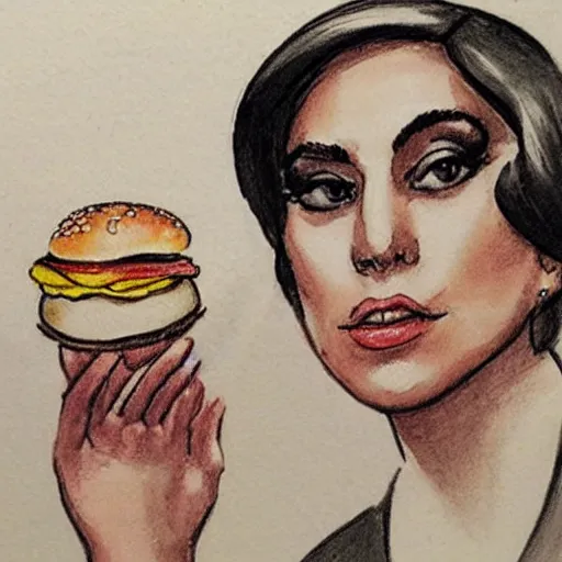 Image similar to courtroom sketch of lady gaga in the witness stand pointing at the hamburgler