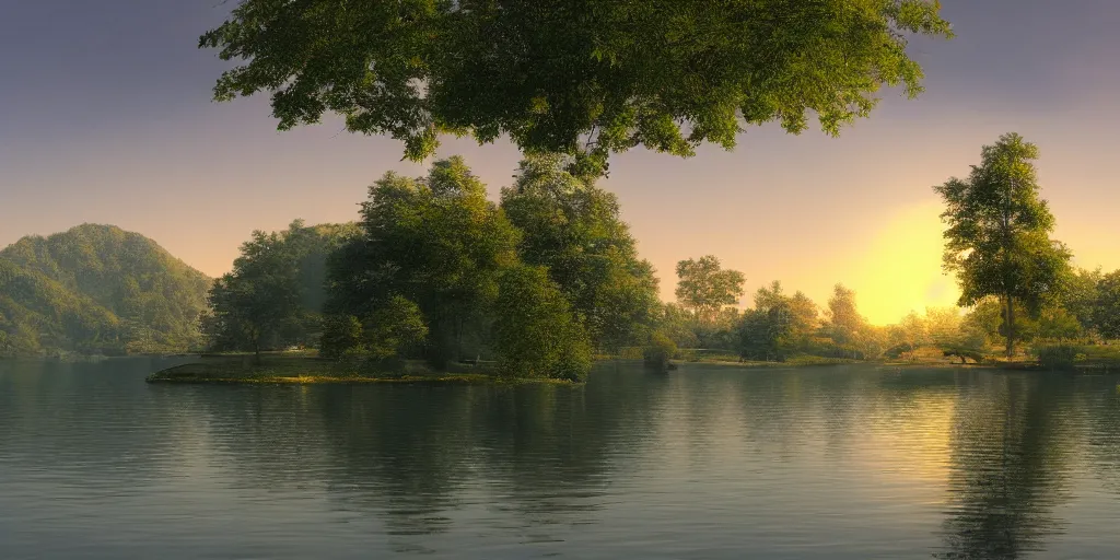 Image similar to a beautiful lake landscape in summer, by Ernest deutsch + Ted Nasmith, cinematic lighting, masterpiece, highly detailed, 8k resolution, trending on art station