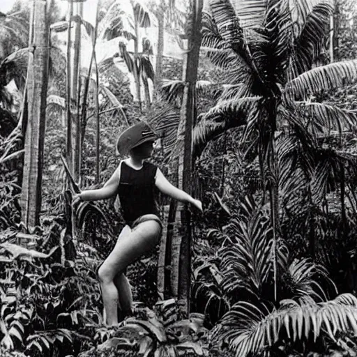 Image similar to a rizom lost film footage of a ( ( ( ( ( ( ( ( object ) ) ) ) ) ) ) ) in the middle of the tropical jungle / tropicalism / tropicalism / tropicalism / film still / cinematic / enhanced / 1 9 2 0 s / black and white / grain