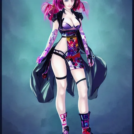 Image similar to concept art illustration of a beautiful young japanese christina hendricks natalie portman as anime protagonist, wearing tokyo harajuku street fashion combat warrior fantasy bikini, intricate, elegant, gorgeous, stunning, alluring, art by hyng tae kim, art style of blade and soul