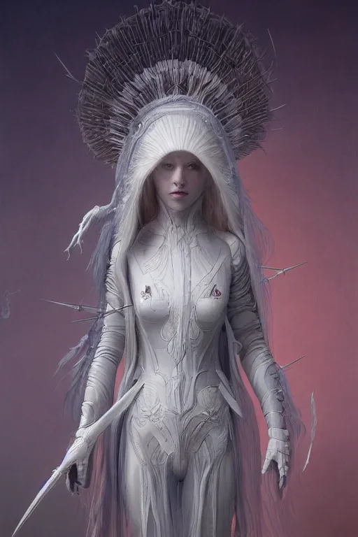 Image similar to the white lady in armor with long hairs, art by James Jean and Wayne Barlowe, high detail, cinematic, cgsociety 8k