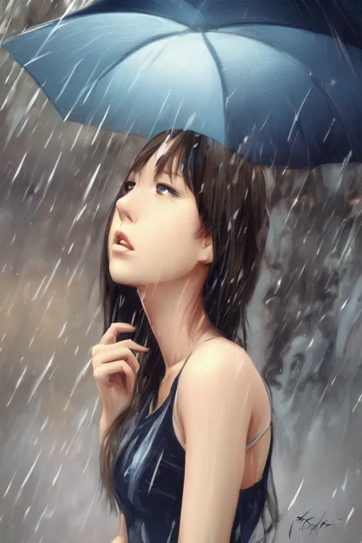 Prompt: a girl in the rain, full shot, fine - face, realistic shaded perfect body, fine details. night setting. very anime style. realistic shaded lighting poster by ilya kuvshinov katsuhiro, magali villeneuve, artgerm, jeremy lipkin and michael garmash, rob rey and kentaro miura style, trending on art station