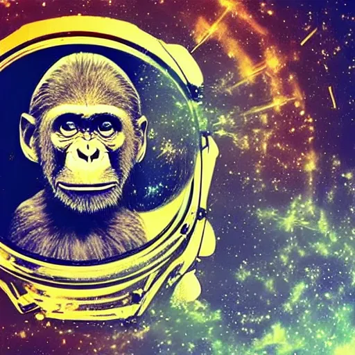 Image similar to double exposure portrait of astronaut and a chimpanzee astronaut with space and time in the the background by davinci, circles, psychedelic, pencil art, high definition, dynamic lighting stars, sharpness, golden ratio