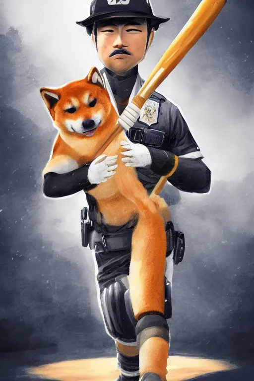 Prompt: shiba inu holding a baseball bat, wearing a police uniform, wearing a japanese traditional hat, character design, highly detailed digital art, atmosphere, cinematic lightning, hyperrealistic, focused, extreme details, 4 k, ultra detailed, trending on artstation, masterpiece