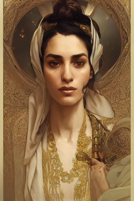 Image similar to A full portrait of an ancient Arabian spice merchant intricate, elegant, highly detailed, digital painting, artstation, concept art, smooth, sharp focus, illustration, art by Krenz Cushart and Artem Demura and alphonse mucha