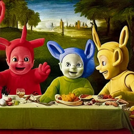 Prompt: renaissance painting of the teletubbies at final supper, long table, drinking, eating, nightmare fuel