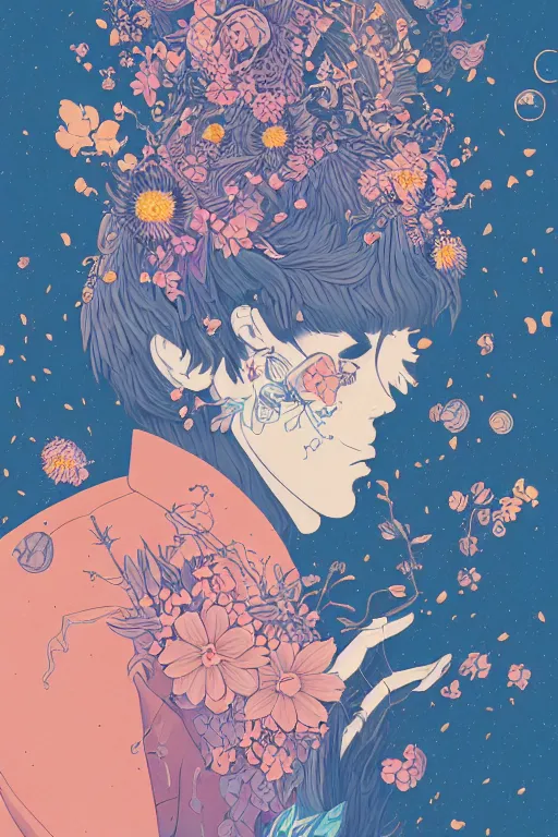Image similar to night sky full of flowers, floating details, leaves by miyazaki, colorful palette illustration, kenneth blom, mental alchemy, james jean, pablo amaringo, naudline pierre, contemporary art, hyper detailed