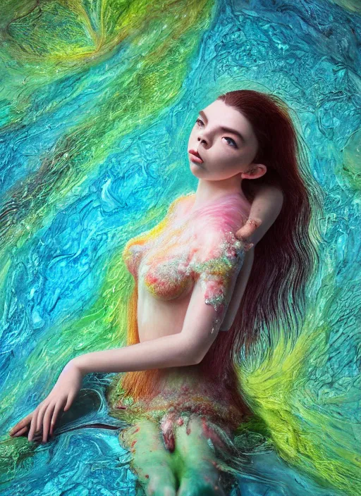 Image similar to hyper detailed 3d render like a Oil painting - very coherent Concrete displacement mapped profile subsurface scattering (a beautiful fae princess protective playful expressive from dark crystal that looks like Anya Taylor-Joy) seen red carpet photoshoot in UVIVF posing in caustic light pattern pool of water to Eat of the Strangling network of yellowcake aerochrome and milky Fruit and His delicate Hands hold of gossamer polyp blossoms bring iridescent fungal flowers whose spores black the foolish stars by Jacek Yerka, Ilya Kuvshinov, Mariusz Lewandowski, Houdini algorithmic generative render, golen ratio, Abstract brush strokes, Masterpiece, Victor Nizovtsev and James Gilleard, Zdzislaw Beksinski, Tom Whalen, Mark Ryden, Wolfgang Lettl, hints of Yayoi Kasuma and Dr. Seuss, Grant Wood, octane render, 8k