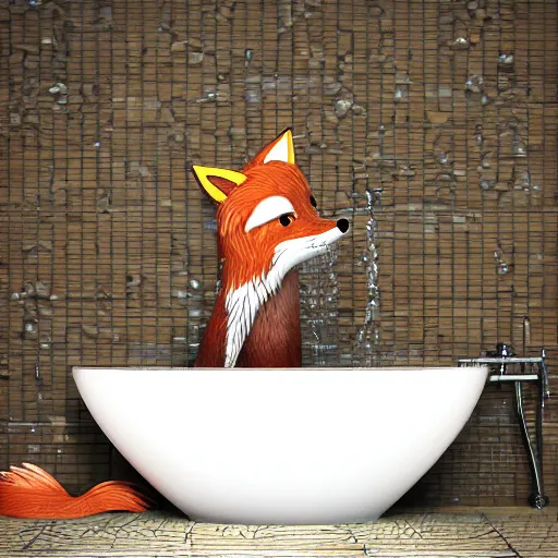 Prompt: realistic fox taking a bath with a shower cap on