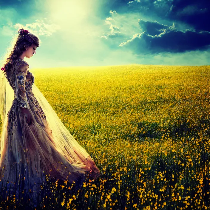 Image similar to photo of a very beautiful!! woman on intricate dress in an endless heavenly meadow, 4 k, hdr, smooth, sharp focus, high resolution, award - winning photo, trending on artstation, 5 0 mm