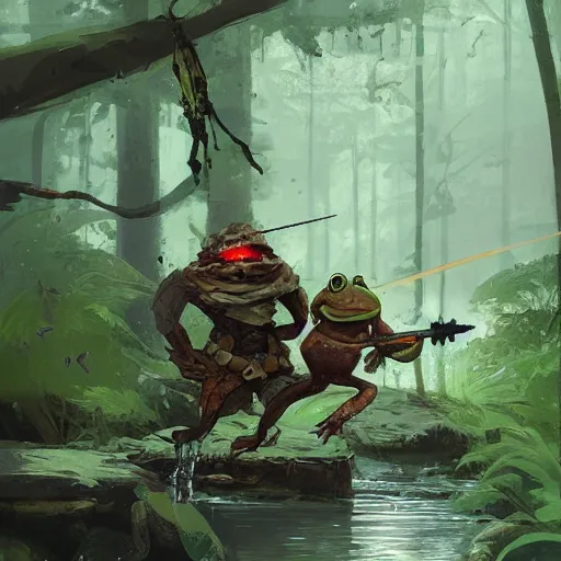 Image similar to concept art of a frog warrior battling a squirrel warrior near a stream, by ismail inceoglu,