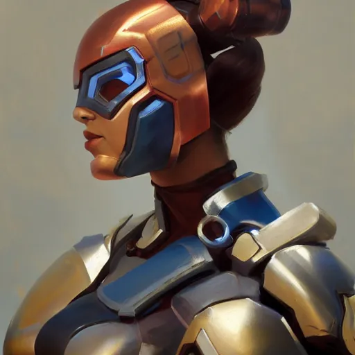 Image similar to greg manchess portrait painting of a female ironman as overwatch character, medium shot, asymmetrical, profile picture, organic painting, sunny day, matte painting, bold shapes, hard edges, street art, trending on artstation, by huang guangjian, gil elvgren, ruan jia, greg rutkowski, gaston bussiere