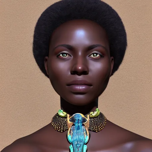 Image similar to scenic view of an African goddess, with bone necklace and honey eyes, wrapped stained clothes, full body, reflecting the sunlight in half of her face, photorealistic, 8k