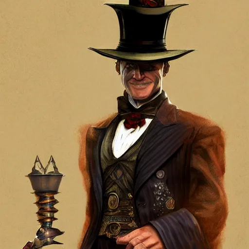 Image similar to Doran, a human warrior in a top hat, 8k resolution, full-length portrait, digital painting, fantasy illustration by Brom, D&D character art