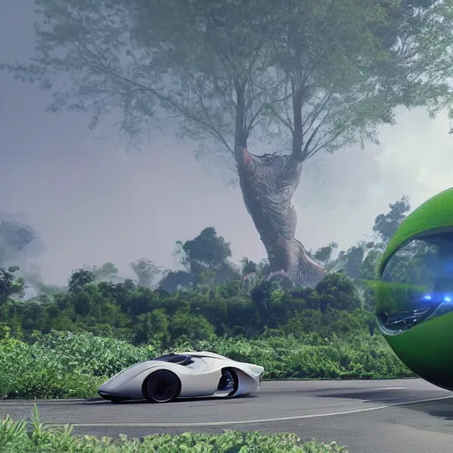 Image similar to a spherical car driving next to a beautiful camp with tyrannosaurus rex and humans dancing, smoky, green hills, many interstellar plants, futuristic concept design, airy landscape, high detail rendering by octane, unreal engine, 8 k, cinematic grade.