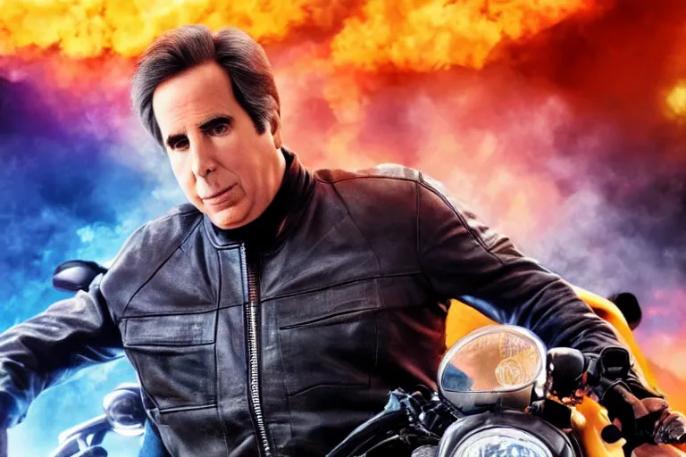 Image similar to henry winkler without a helmet, close up, racing a motorcycle in the fast and the furious movie, explosions, octane render, 4 k, hyper realistic, cinematic lighting