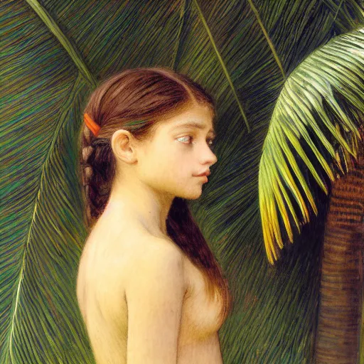 Image similar to a ultradetailed beautiful painting of a girl in the amazonas palace balustrade designed by jules bastien - lepage, tarsila do amaral, frank weston and gustave baumann, beach, trending on artstation, mediterranean, palm trees, detailed face, sharp focus, soft light, 8 k 4 k