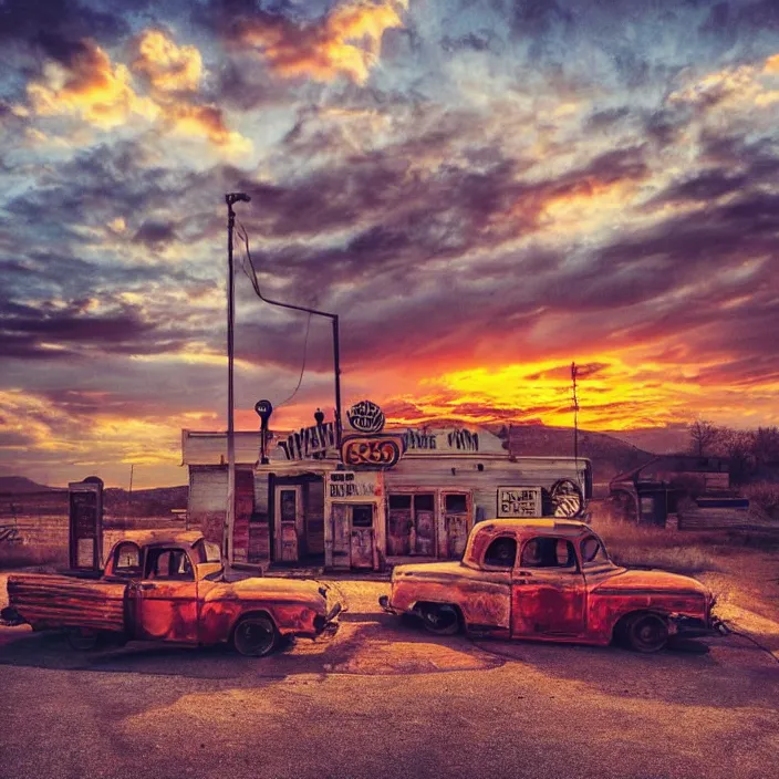 Image similar to a sunset light landscape with historical route 6 6, lots of sparkling details and sun ray ’ s, blinding backlight, smoke, volumetric lighting, colorful, octane, 3 5 mm, abandoned gas station, old rusty pickup - truck, beautiful epic colored reflections, very colorful heavenly, softlight