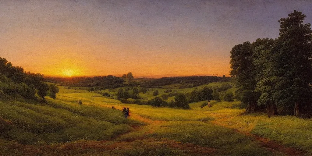 Prompt: a beautiful landscape painting of a path through countryside fields and patches of woodland, dramatic sunset, by caspar david friedrich, oil on canvas, highly detailed, hd, 4 k