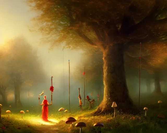 Prompt: digital painting of a maypole dance near small cottage surrounded by mushrooms, concept art, high detail, volumetric, godrays, vivid, beautiful, trending on artstation, by Greg Rutkowski, no focus, huge scene, daylight