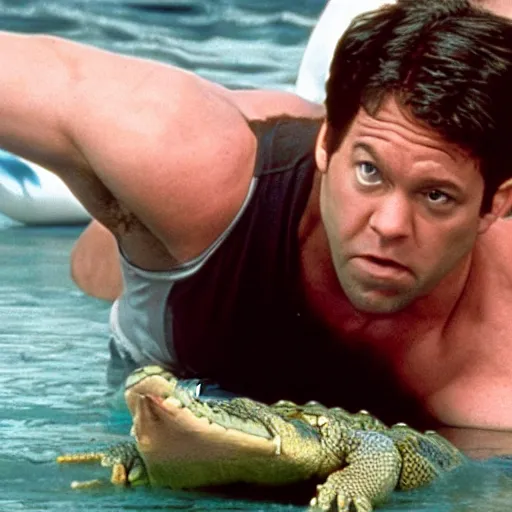 Prompt: jim halpert wrestling an alligator 8 0 s movie still action