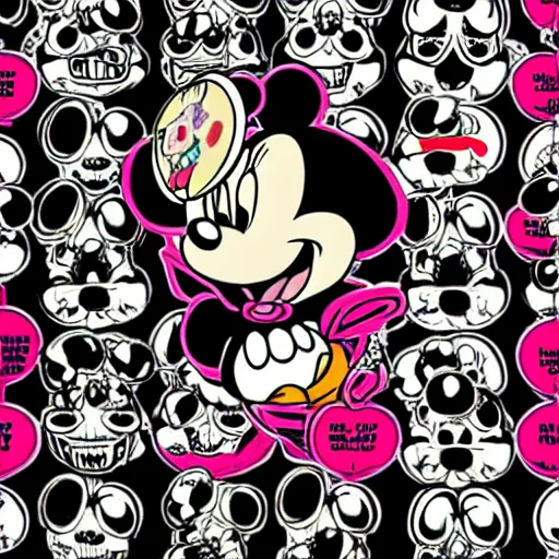 Prompt: anime manga skull portrait minnie mouse disney cartoon skeleton illustration style by Alphonse Mucha pop art nouveau with detailed patterns and emojis