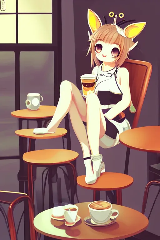 Prompt: detailed painting of a cute character with animal ears relaxing inside a cafe, vector art by kobaruta and shinonoko, featured on pixiv, romanticism, warm lighting, 2 d game art, flat shading, pixiv