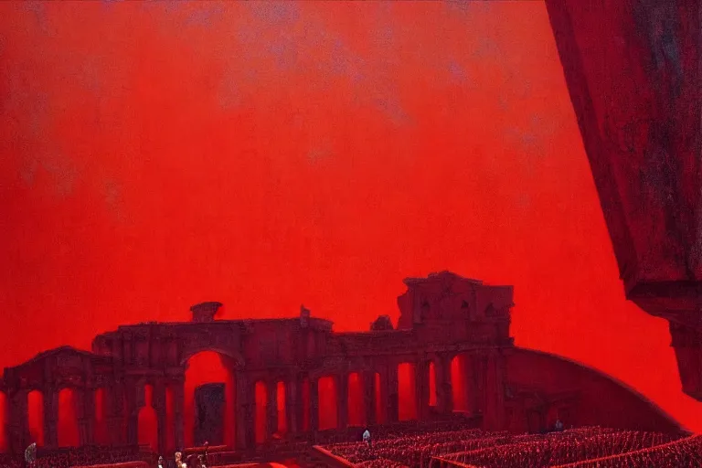 Image similar to only with red, a red great emperor, taormina amphitheatre, expressive crowd hails him, in the style of beksinski, parts by edward hopper, parts by rodcenko, parts by yue minjun, intricate and epic composition, red by caravaggio, insanely quality, highly detailed, masterpiece, red light, artstation, 4 k