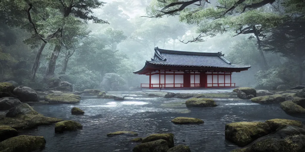 Image similar to a ancient japanese temple in the middle of a forest mear a small river, extremely highly detailed, high quality, 8K HDR, octane render, unreal engine 5, hyperrealistic, concept art, trending on Artstation, dramatic lighting, cinematic, high coherence, path tracing, ruins, clouds in the sky, singular building, centered