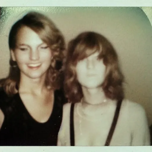 Image similar to found polaroid of my parents who look exactly like Taylor Swift and Jennifer Lawrence