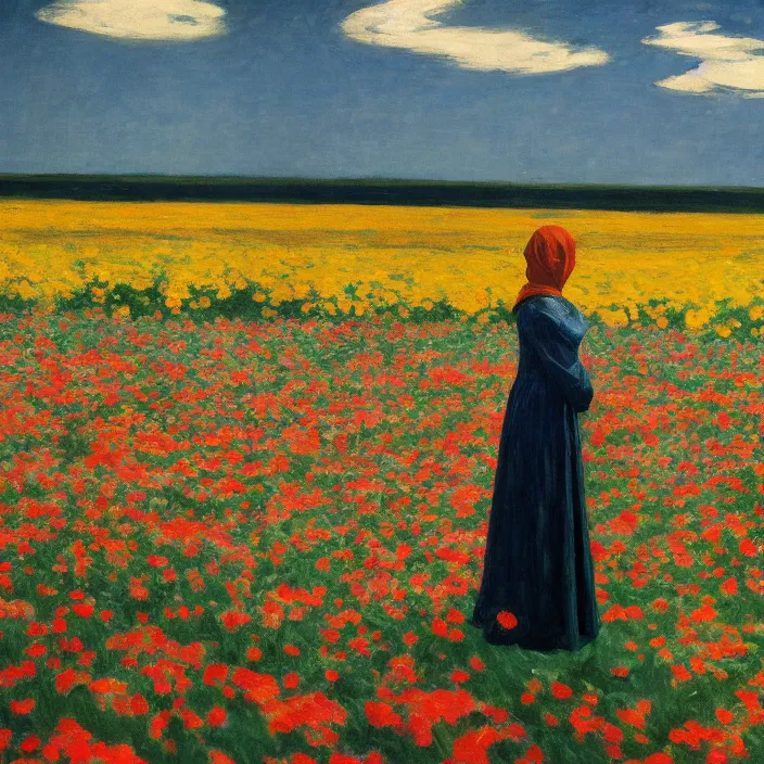 Prompt: a closeup portrait of a woman wearing a cloak made of plastic and mud, in an infinite landscape of flowers, photograph by edward hopper, canon eos c 3 0 0, ƒ 1. 8, 3 5 mm, 8 k, medium - format print