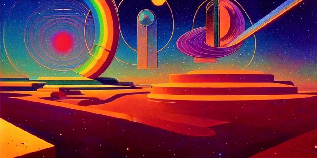 Prompt: time + space + reality, 🌈👾🌌, art deco, moebius, cinematic lighting, beautiful, elegant, oil painting,