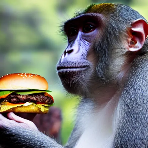 Image similar to a monkey eating an hamburger