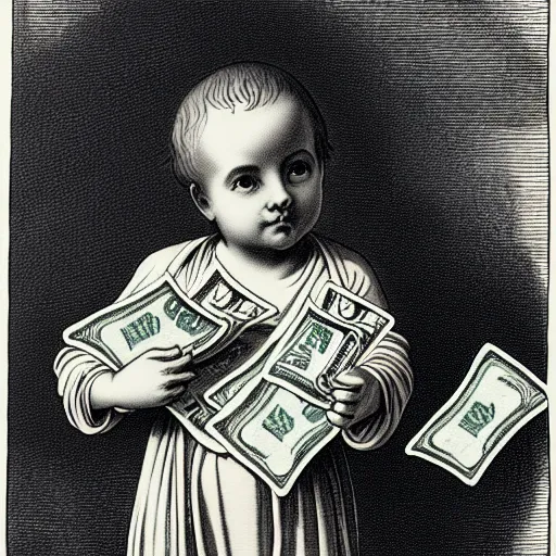 Image similar to baby smoove holding stacks of cash, biblical image, style of gustave dore, highly detailed, beautiful, high contrast, black and white