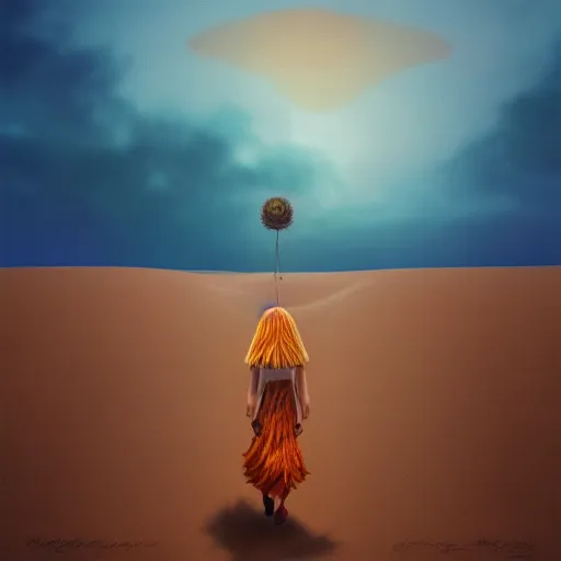 Image similar to closeup giant dahlia flower where head, girl walking between dunes, surreal photography, sunrise, blue sky, dramatic light, impressionist painting, digital painting, artstation, simon stalenhag