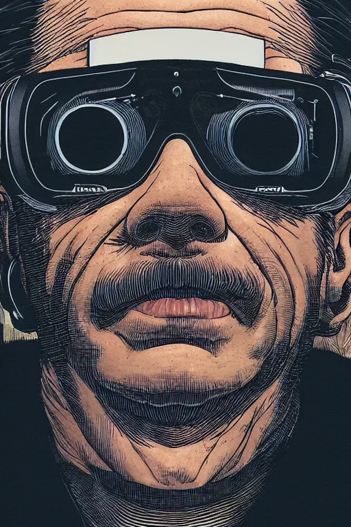 Image similar to portrait closeup of middle aged man wearing vr headset, symmetrical, by yoichi hatakenaka, masamune shirow, josan gonzales and dan mumford, ayami kojima, takato yamamoto, barclay shaw, karol bak, yukito kishiro