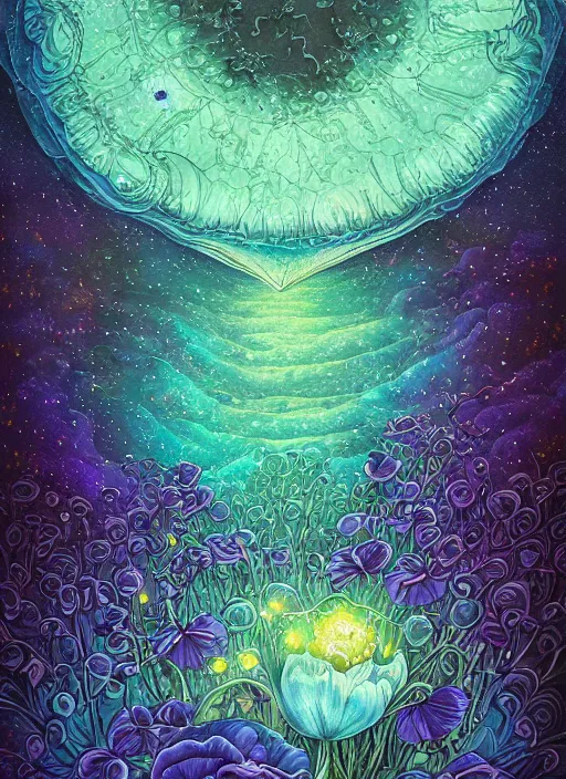 Image similar to detailed, intricate blue black and purple papaverum flower on the field, nebula, galaxy in the sky, winning award masterpiece, fantastically beautiful, illustration, aestheticly inspired dan mumford, upscale with anguissola sofonisba work, artstation, 8 k