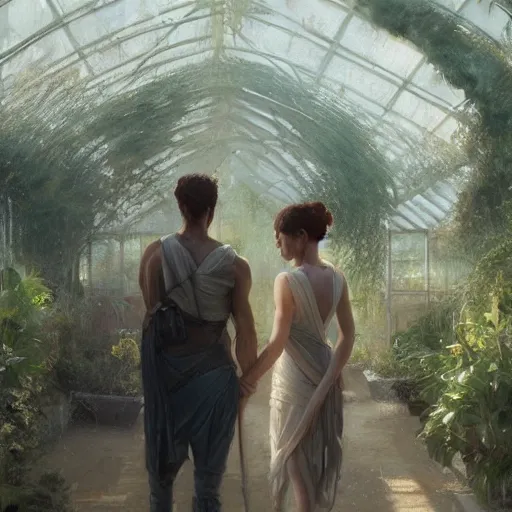 Image similar to Couple at a greenhouse in Ancient Greek | painting by Greg Rutkowski | trending on artstation | 8k | HD