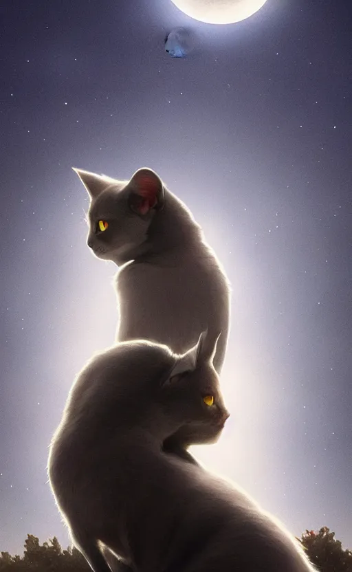 Image similar to a grey cat with blue eyes looks at the moon, volumetric lighting, glowing lights, 4k, octane, digital painting, artstation, concept art, sharp focus, illustration, cinematic film still, art by artgerm and greg rutkowski and alphonse mucha , wide angle view,