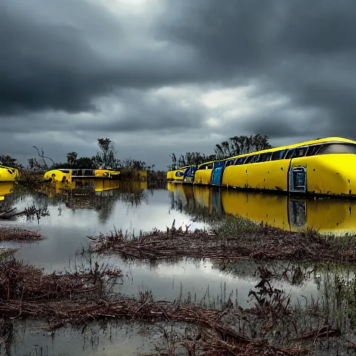 Image similar to post - apocalyptic magic kingdom, wasteland, submerged, monorail, abandoned, wet, swamp, swamp gas, nuclear fallout, yellow mist, yellow sky, dark clouds, walt disney world, highly detailed, intricate, 8 k