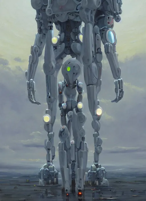 Image similar to an intricate oil painting of a giant pristine white humanoid feminine figure mecha with rounded components by simon stalenhag, inspired by nier : automata, clean white lab background