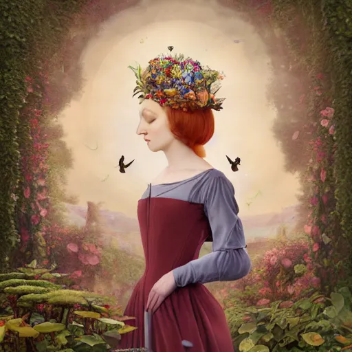 Image similar to a detailed portrait of young woman in renaissance dress and a surreal renaissance headdress, very surreal garden, cyberpunk, surreal tea party, birds, nature, strange creatures, by christian schloe and botticelli, naotto hattori, amy sol, roger dean, moody colors