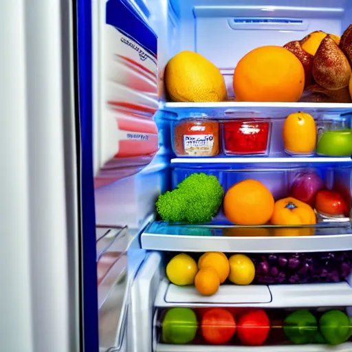 Image similar to fridge full of food, highly detailed, high quality, HD, 4k, 8k, Canon 300mm, professional photographer, 40mp, lifelike, top-rated, award winning, realistic, sharp, no blur, edited, corrected, trending