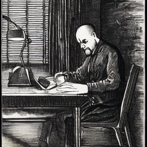 Image similar to a man sitting at a desk typing on the typewriter, old english sketch drawing