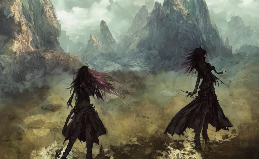 Image similar to goth woman in front of mountain landscape, color page, tankoban, 4 k, tone mapping, akihiko yoshida, james jean andrei riabovitchev marc simonetti, yoshitaka amano, long hair, curly, h. hydrochaeri