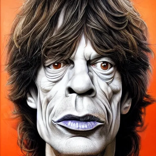 Prompt: Caricature portraits done of Mick Jagger, realistic, hyperrealistic, very realistic, highly detailed, very detailed, extremely detailed, detailed, oil painting, digital art, trending on artstation