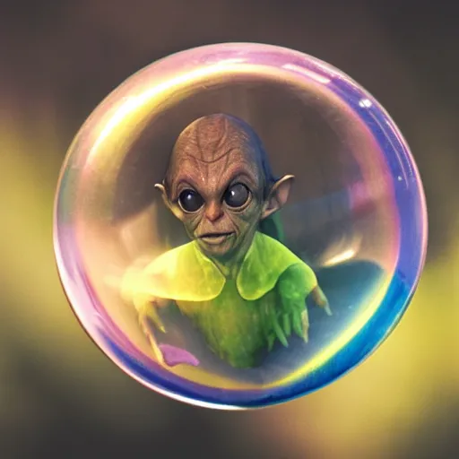 Image similar to a soap bubble containing gollum. Award winning photography, trending on