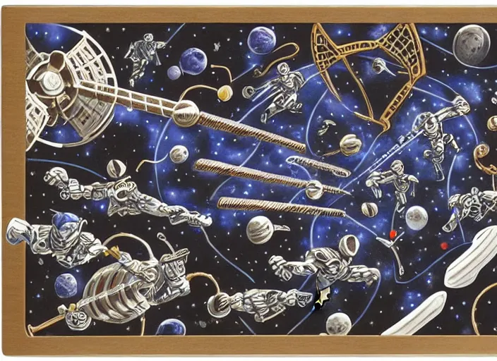 Prompt: lacrosse team playing chitauri, intergalactic championship, in space, highly detailed, 8k, intricate, engraving