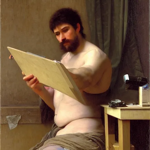 Prompt: an oil painting of an man playing a PC gaming, by Bouguereau, highly detailed and intricate,